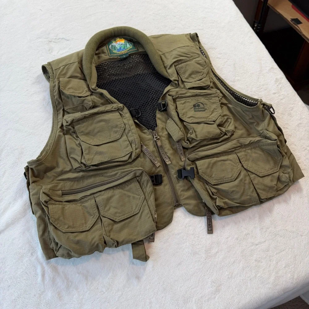 Hodgman Fishing Vest Mens L Green Good Multi-Pocket Utility Ripstop 3971